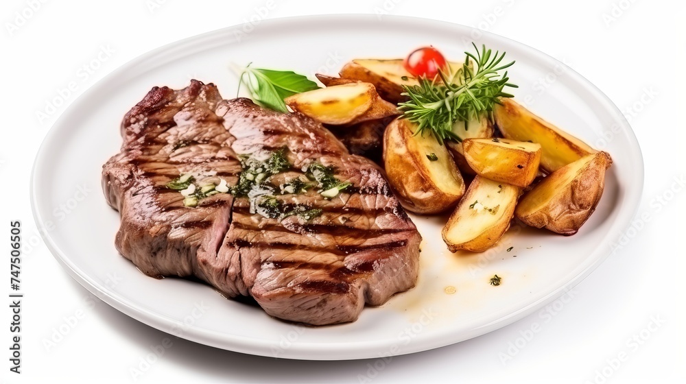 Grilled beef steak and potatoes on plate isolated on white background, top view Grilled beef steak and potatoes on plate isolated on white background, top view