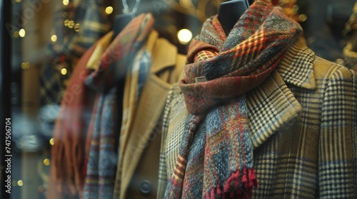 Luxury autumn fashion shopping, elegant coats and scarves in an upscale boutique setting.