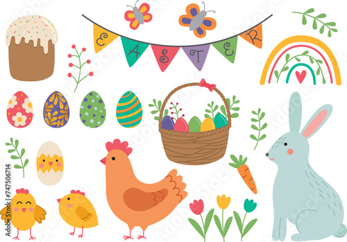 Set of cute Easter elements. Basket with eggs, rabbit, chicken, chicks, flowers, leaves, easter cake and eggs. Hand drawn vector illustration in flat style