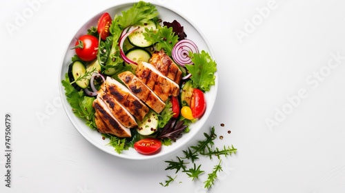 Grilled chicken and fresh vegetable salad. Healthy diet food concept. On a light background, top view