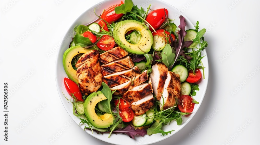 Grilled chicken and fresh vegetable salad. Healthy diet food concept. On a light background, top view