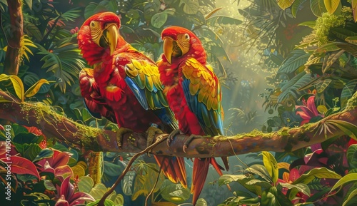 paintings of colorful birds in the jungle Generative AI photo