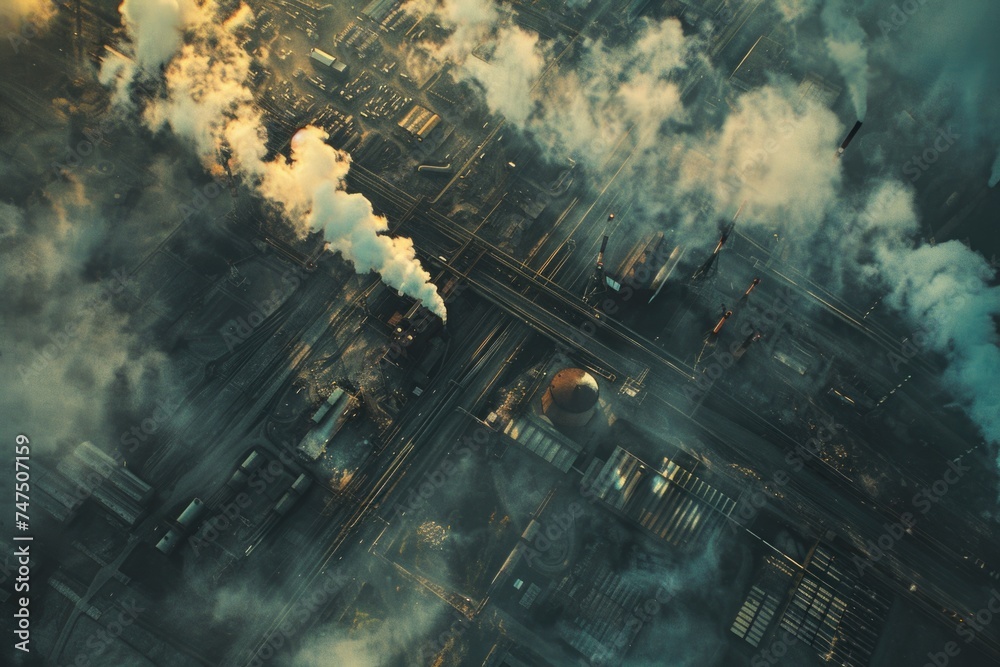 Aerial view of city with smoke, suitable for news articles - obrazy, fototapety, plakaty 