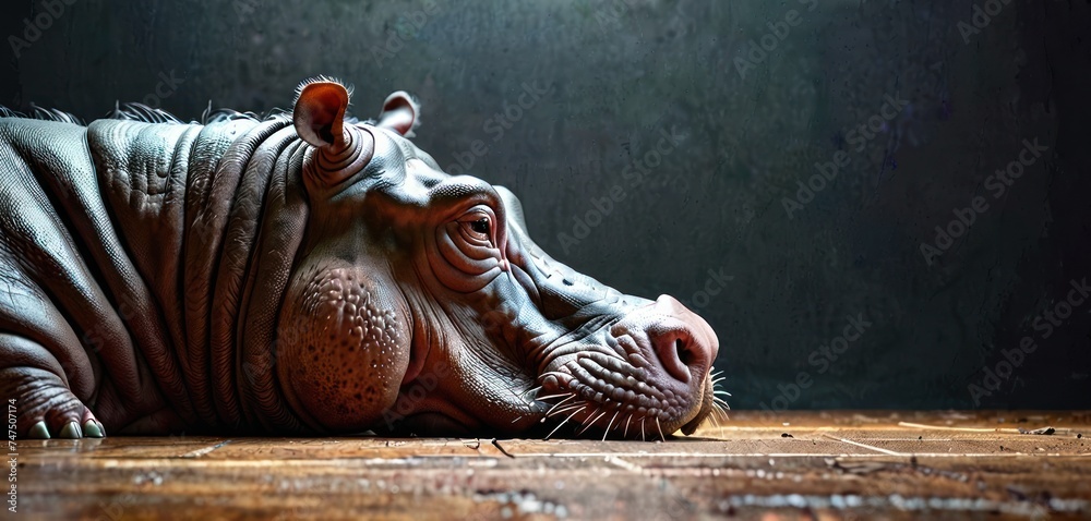 a close up of a hippopotamus laying on a wooden floor with it's head turned to the side.