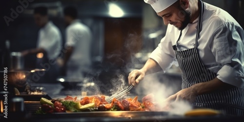 Professional chef preparing delicious meal in commercial kitchen. Perfect for culinary blogs and restaurant promotions