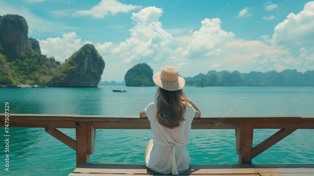 A woman sitting on a bench looking out at the water, suitable for lifestyle and relaxation concepts