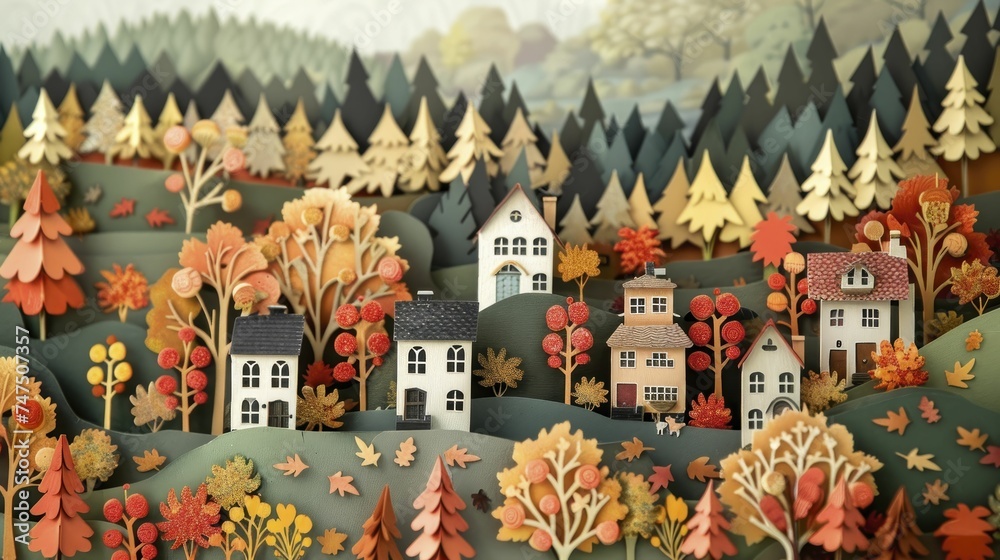 A cozy autumnal village with warm hues set against a cooling weather backdrop is depicted in the paper art.
