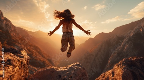 A person jumping off a cliff into the air. Suitable for extreme sports and adventure concepts photo