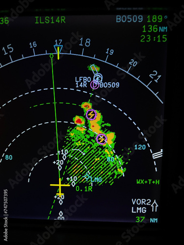 Weather radar returns of rain and storm on the navigation display of a modern airliner during landing