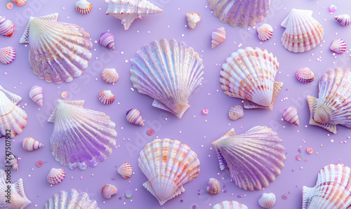 collection of purple holographic  seashells and beach treasures on pastel background photo