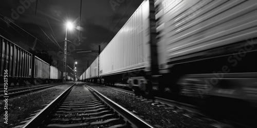 Black and white photo of a train on the tracks, perfect for transportation themed designs © Fotograf