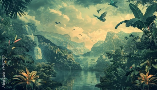a painting of a tropical scene with birds Generative AI photo