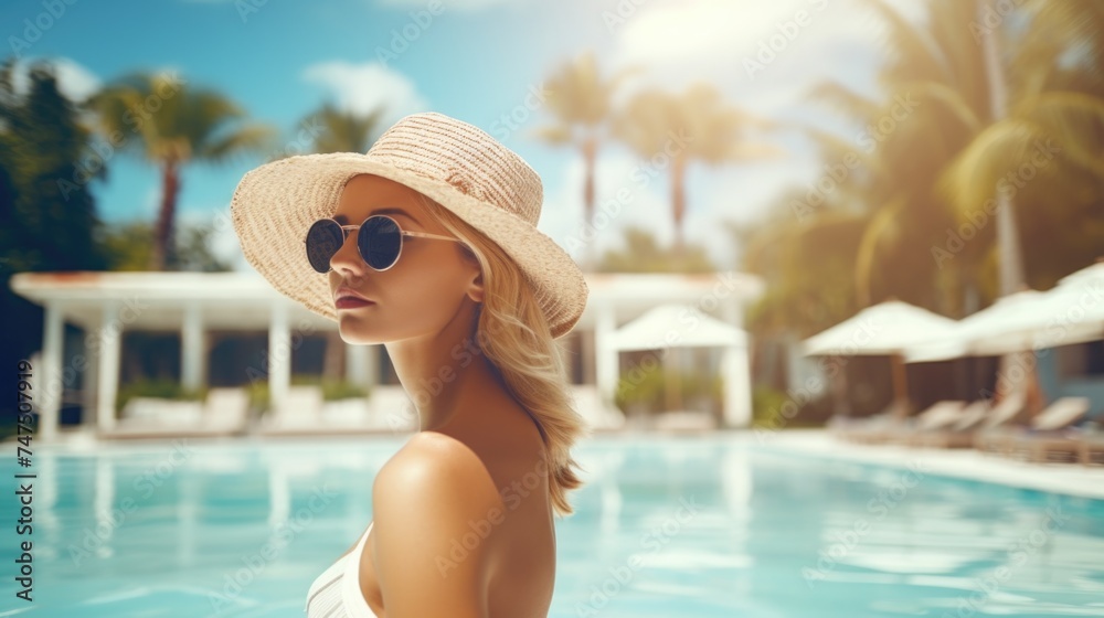 Stylish woman standing by pool, perfect for travel websites