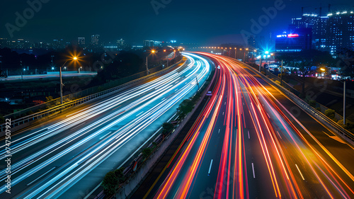 traffic at night, neon light speed trail