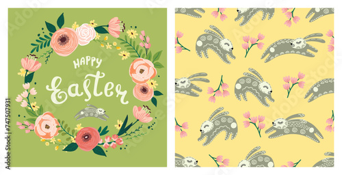 Easter collection of floral wreath print and seamless pattern with bunny.Decorative backgrounds with spring flowers hand lettering and cute animal.Green yellow and pink colors.Hand drawn illustration.