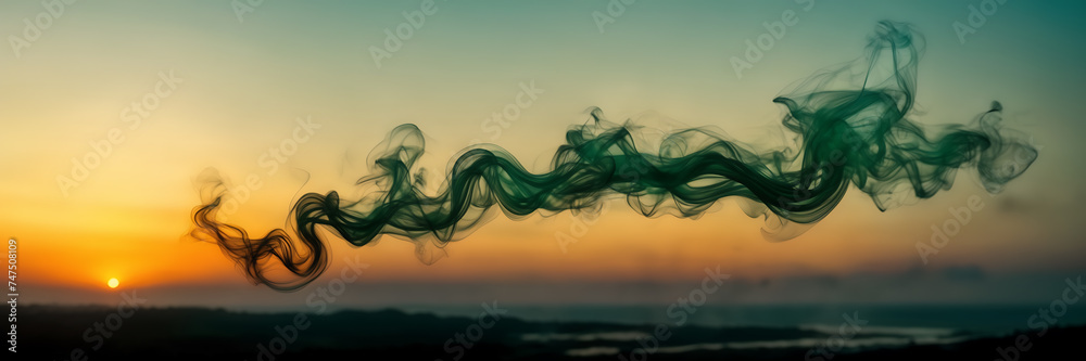 Photograph capturing the ethereal beauty of smoke tendrils in hues of emerald and jade against a backdrop of golden twilight.