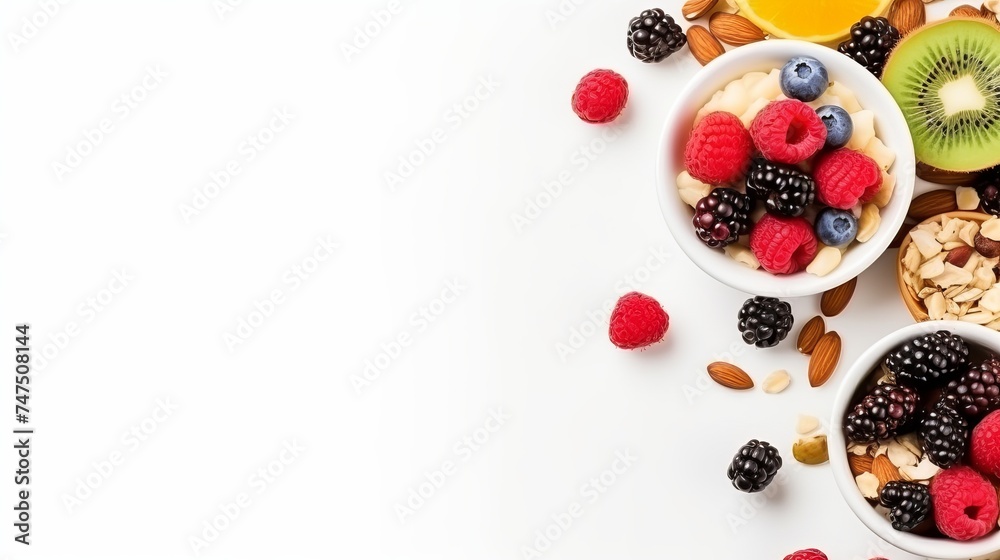 Healthy breakfast with muesli, fruits, berries, nuts on white background. Flat lay, top view, copy space Healthy breakfast with muesli, fruits, berries, nuts on white background. Flat lay, top view, copy space