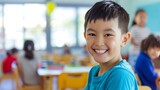 Smiling Young Boy in Classroom. Generative AI.