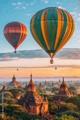 Two hot air balloons soaring over ancient temples, perfect for travel and adventure concepts