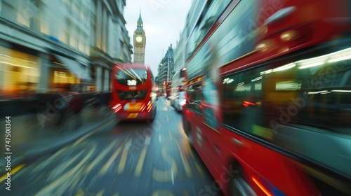 Blurry image of a red double decker bus. Suitable for transportation concepts