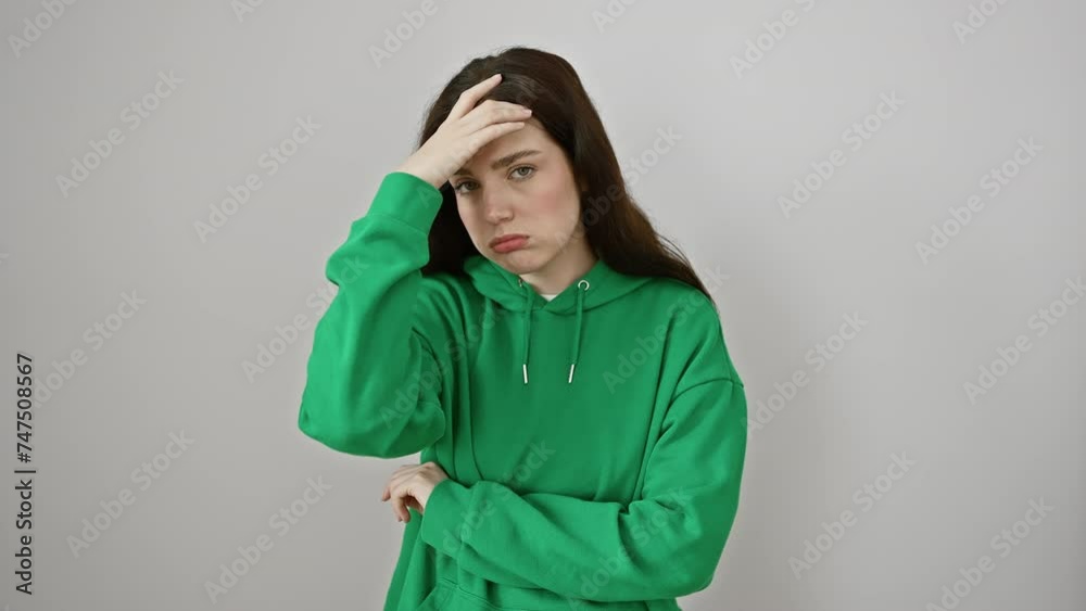Stressed young woman in sweatshirt standing worried over crisis problem, hand on head, isolated on white background Stressed young woman in sweatshirt standing worried over crisis problem, hand on head, isolated on white background