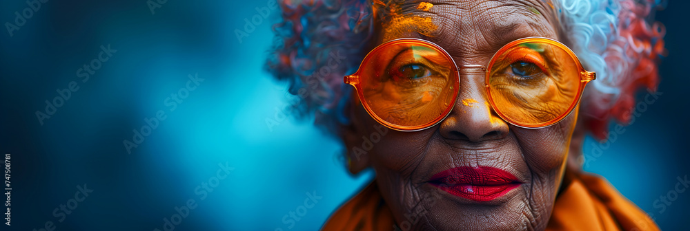 Background for Holi holiday, voluminous and airy colored powder on the face of an elderly old woman and empty space for design. Banner.