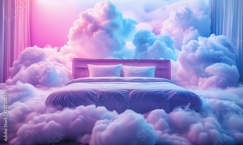  A bed in the soft vanila dream clouds. A good dream concept.