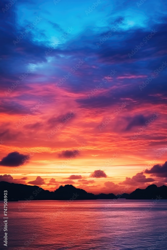 Vibrant sunset reflecting on calm water, ideal for travel and nature concepts Vibrant sunset reflecting on calm water, ideal for travel and nature concepts