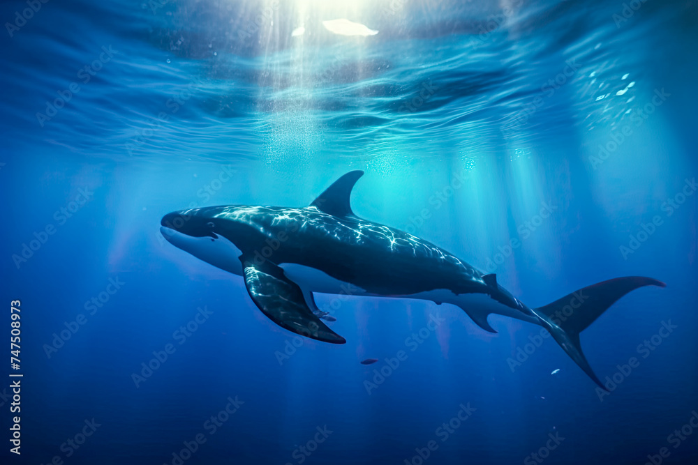 Schwertwal auch Orca oder Killerwal (Orcinus orca) im Meer, Unterwasser, Generative AI - obrazy, fototapety, plakaty 