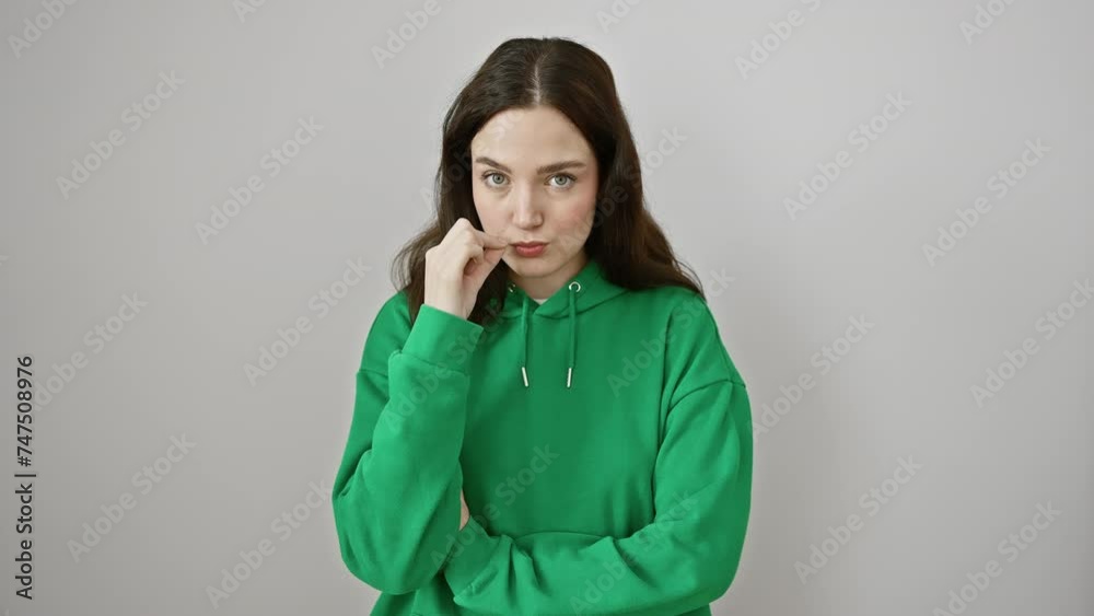 Quiet! young woman in sweatshirt zipping her lips shut with fingers. forbidden secret silenced in a shushing gesture. isolated beauty on white background holds whisper within. Quiet! young woman in sweatshirt zipping her lips shut with fingers. forbidden secret silenced in a shushing gesture. isolated beauty on white background holds whisper within.