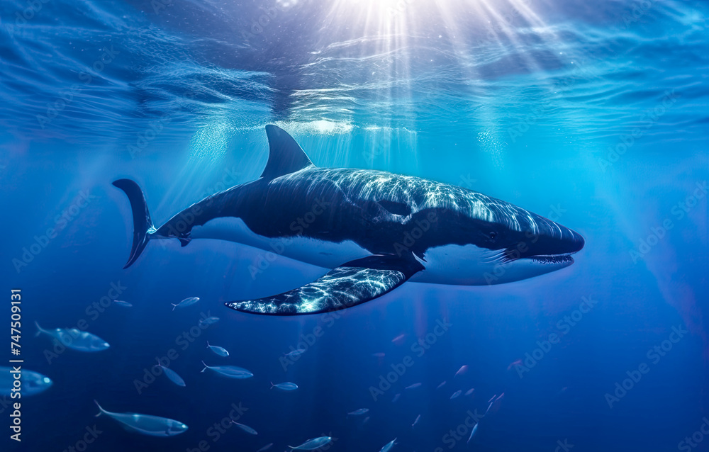 Obraz premium Grosser Haifisch schwimmt im Meer, Unterwasser, Generative AI