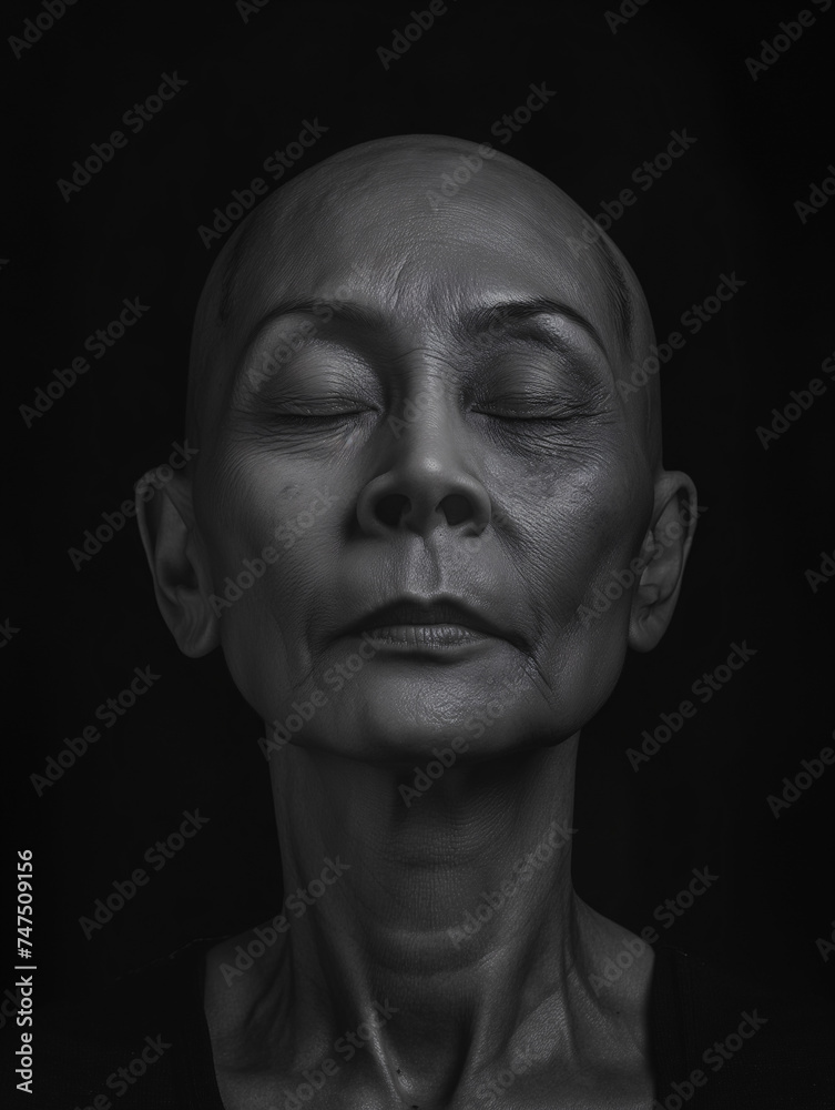 Retrato de Mujer Calva en Blanco y Negro, con ojos cerrados y expresión serena