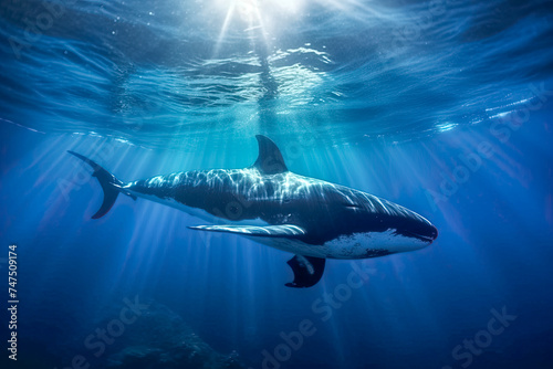 Grosser Haifisch schwimmt im Meer, Unterwasser, Generative AI photo