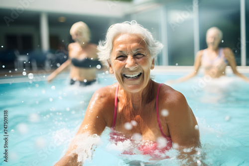 Vibrant and active senior women participating in water aerobics for a fun retirement lifestyle © Андрей Знаменский