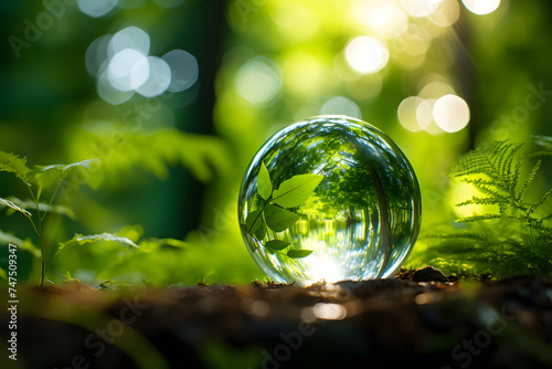 Glass globe amidst rich greenery, signifying nature preservation, esg, and climate change awareness