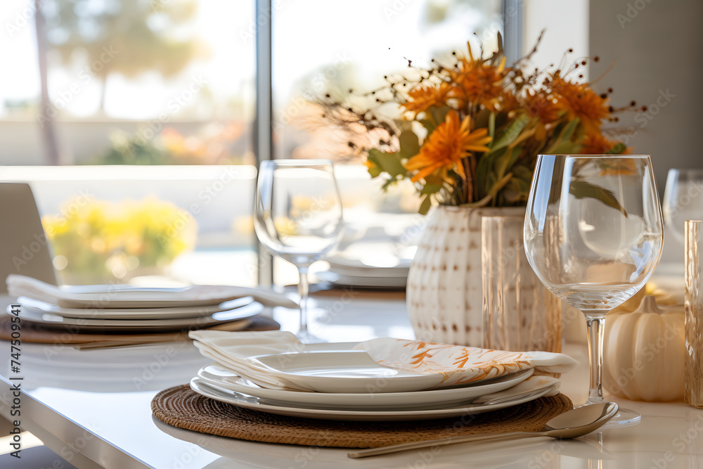Festive thanksgiving table setting with white plates and wine glasses