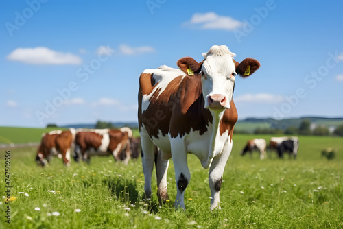 Lush Green Pastures: Cows Grazing Under a Clear Blue Sky for Milk Production