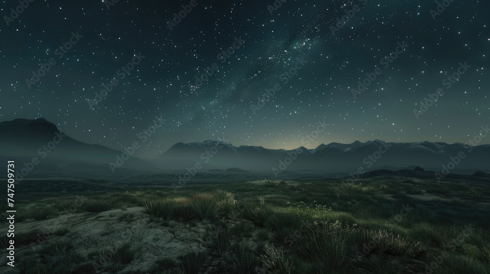 Nighttime landscape with stars and mountains - A serene night landscape featuring mountains under a starry sky, evoking wonder and nature