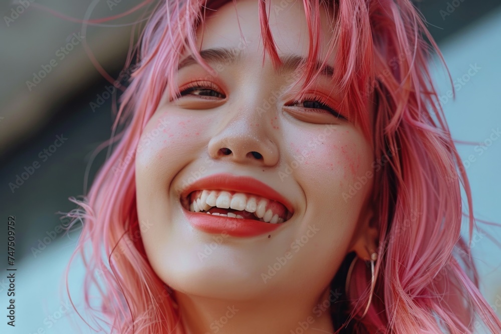 A woman with pink hair smiling for the camera. Suitable for various projects A woman with pink hair smiling for the camera. Suitable for various projects
