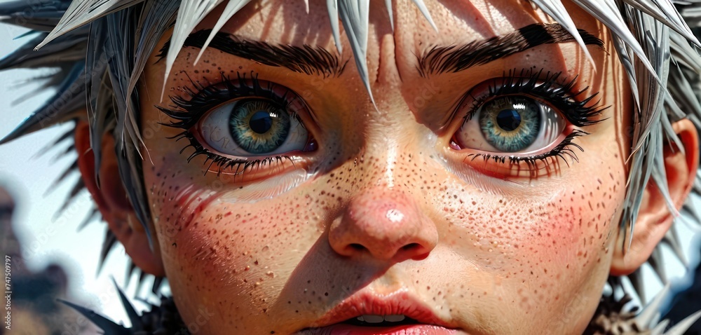 a close up of a woman's face with freckles and piercings on her ears and eyes. a close up of a woman's face with freckles and piercings on her ears and eyes.