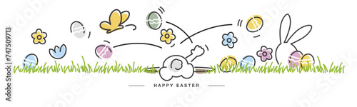 Happy Easter. Cute Easter bunny cleans nesty. Butterfly spring flowers tulips colorful eggs in green grass. Easter egg hunt white greeting card