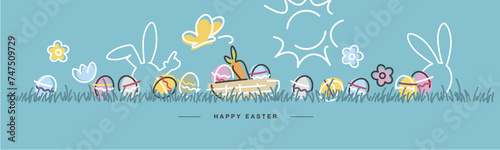 Easter banner. Easter basket with eggs and carrot handwritten bunnies, eggs, flowers, grass on sea green background. Easter egg hunt colorful greeting card photo