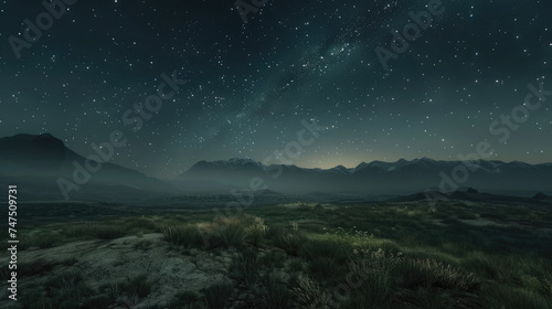 Nighttime landscape with stars and mountains - A serene night landscape featuring mountains under a starry sky, evoking wonder and nature
