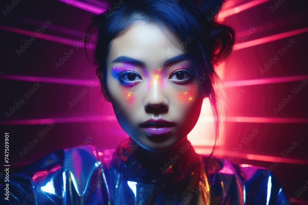 Woman with neon makeup in a dark room, suitable for beauty or fashion industry Woman with neon makeup in a dark room, suitable for beauty or fashion industry