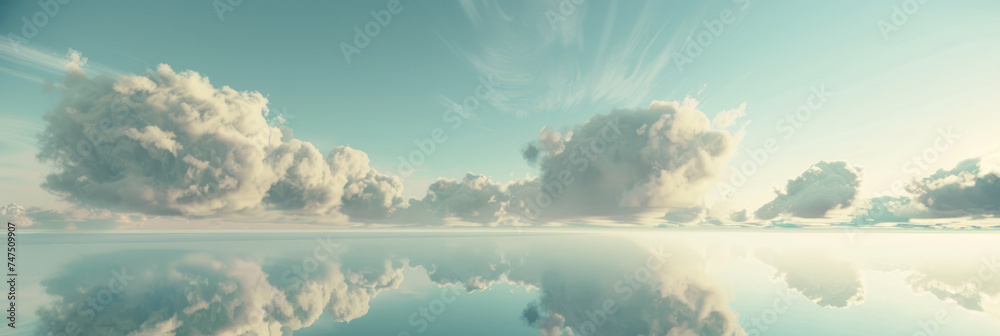 Panoramic clouds reflected over tranquil water - Expansive view of fluffy, cumulus clouds reflecting on a placid water surface creating a symmetrical natural sight
