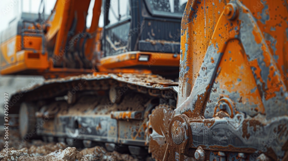 Fototapeta premium Detailed view of a bright orange bulldozer, ideal for construction projects