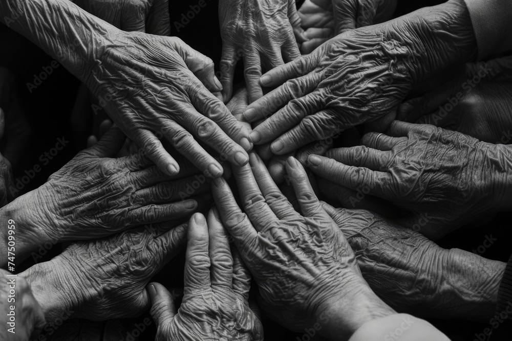 A black and white photo of multiple hands, suitable for various projects