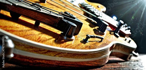 a close up of a bass guitar with a lot of strings on it's neck and a sunburst in the background. photo