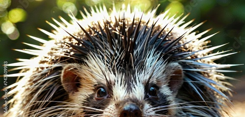 a close - up of a porcupine with spikes on it's head, looking at the camera.