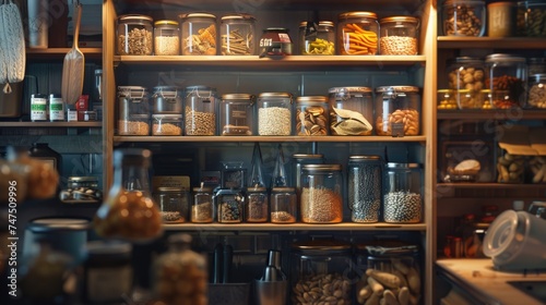Assorted food products neatly arranged on a shelf. Suitable for grocery store or kitchen concept